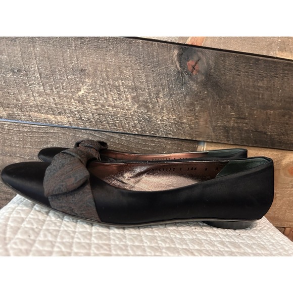 Salvatore Ferragamo Women's Black Silk Ballet Flats with Brown Satin Bow 8 - Picture 2 of 11
